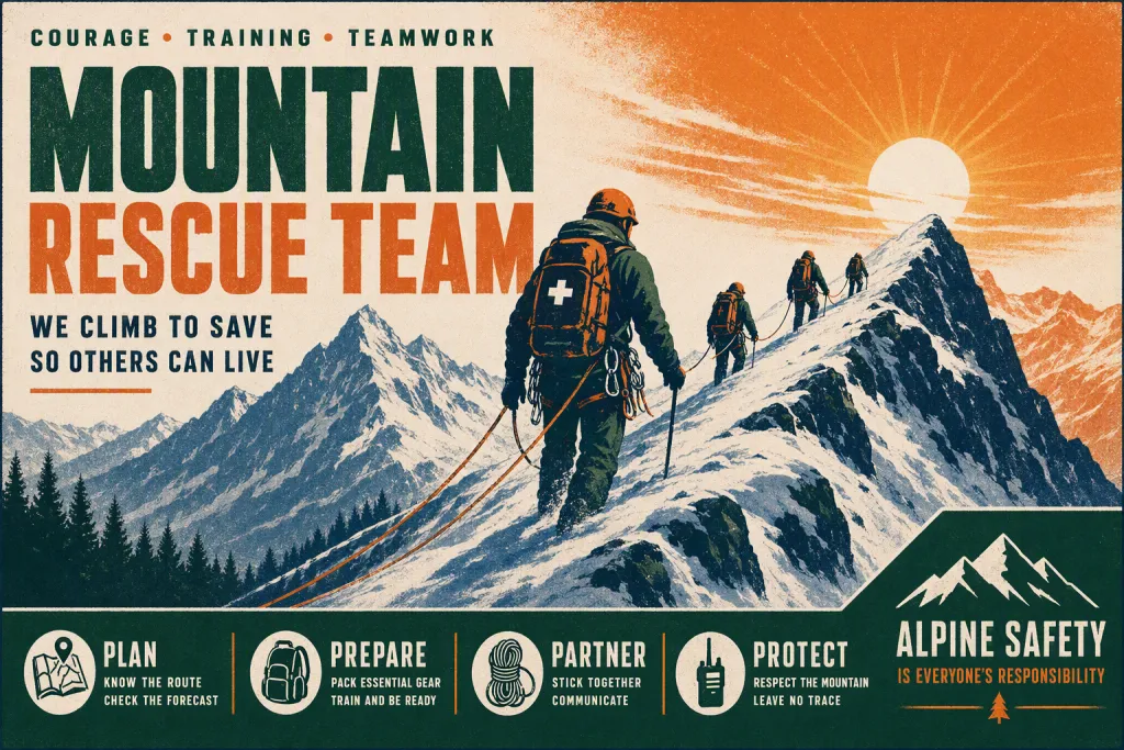 Aventura do Cartaz da Equipa de Resgate nas Montanhas Retrô Serigrafia Poster