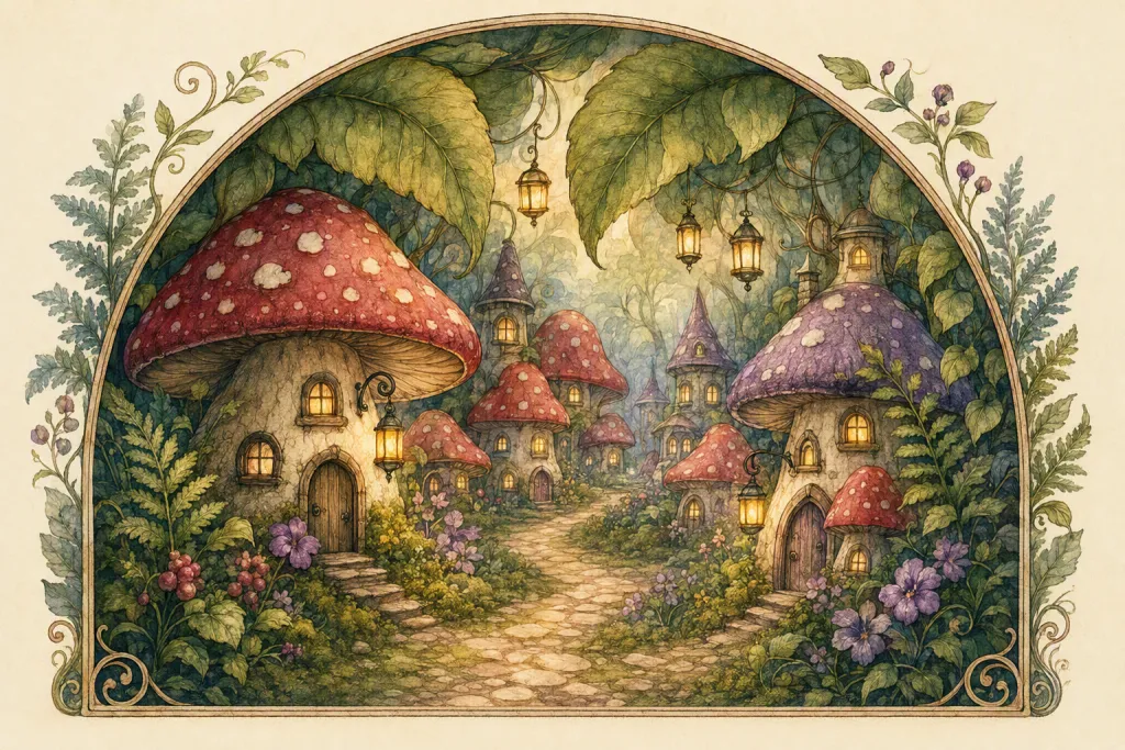 Portada de Cuento Fantástico de la Aldea de Hongos Encantados Enchanted Mushroom Village Fantasy Story Storybook Cover
