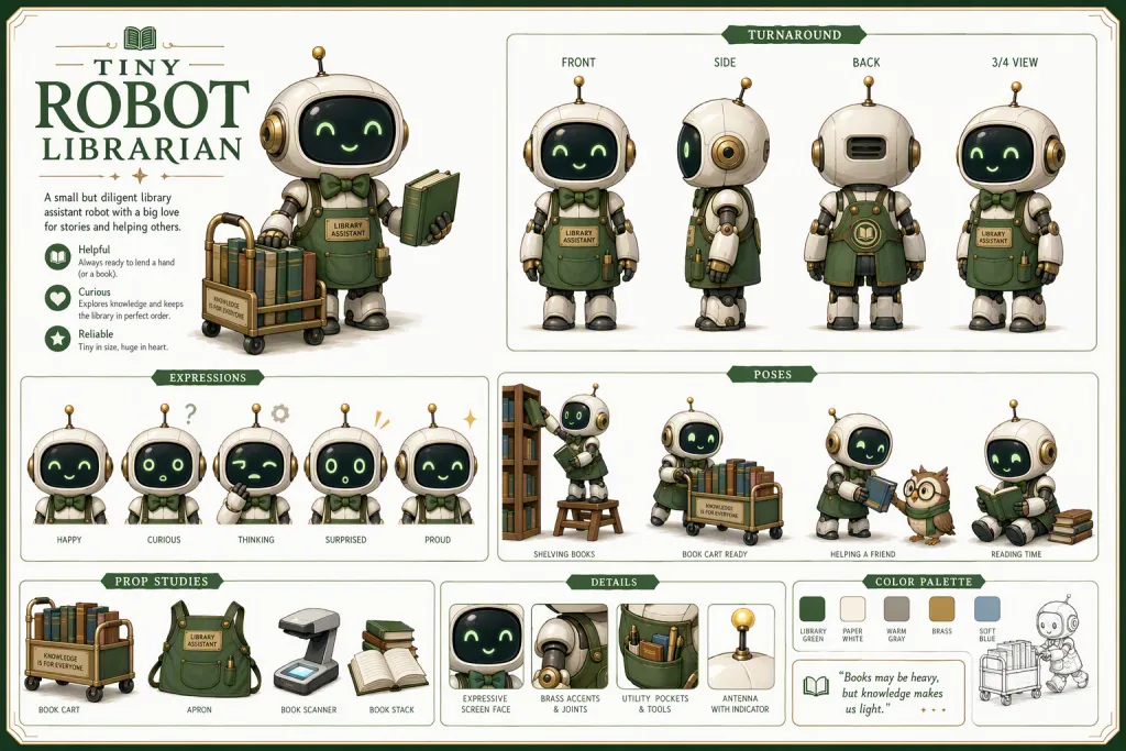 Hoja limpia de diseño de personaje de Tiny Robot Librarian en estilo caricatura limpia