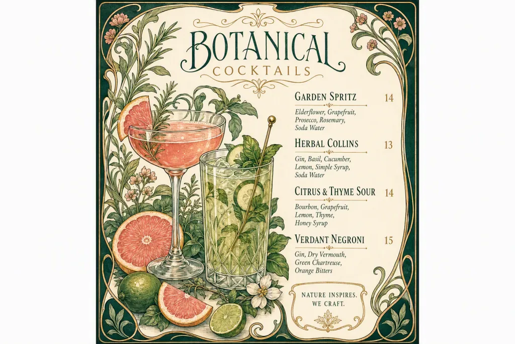 Menú de Cócteles Botánicos Menú Arte Menú Arte Nouveau Dibujo Art Nouveau