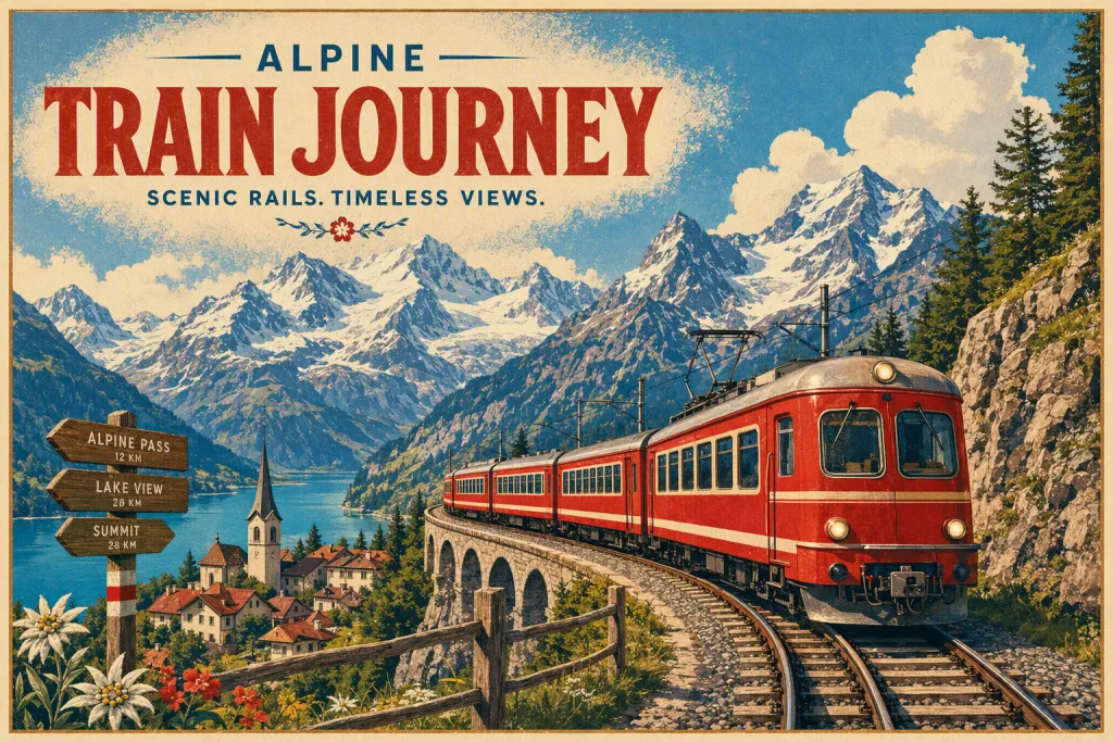 Alpine Zugreise Reise Postkarte Retro-Reisekunst