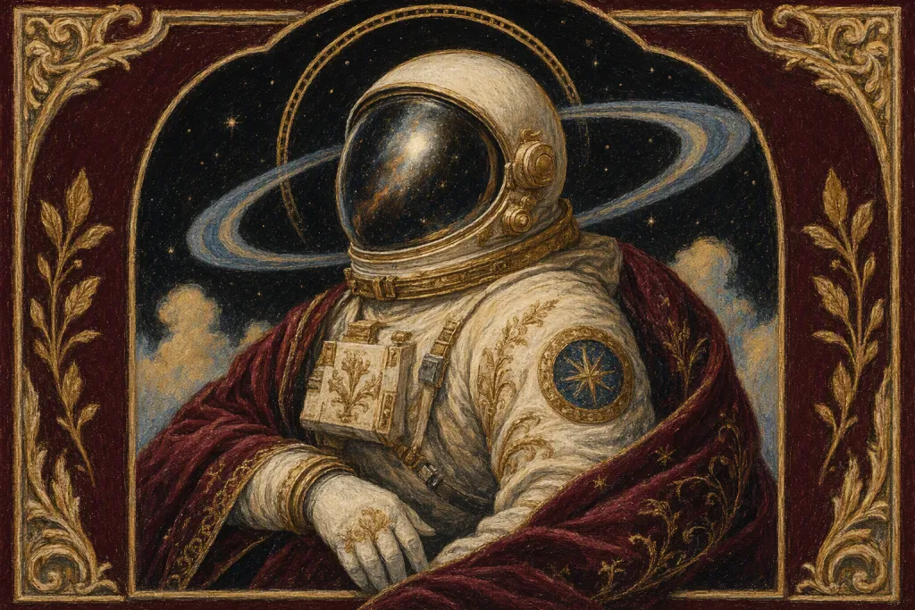Ritratto di Astronauta Rinascimentale Surreal Editoriale Illustrazione a Pastelli a Olio