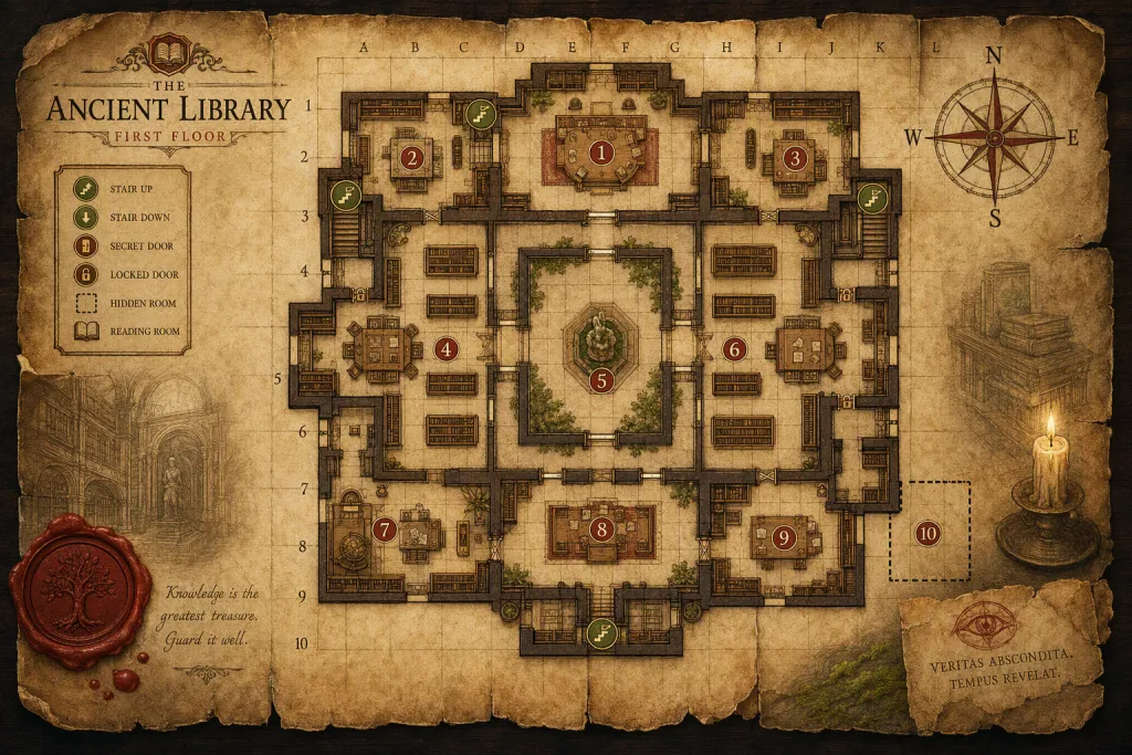 ภาพประกอบกระดานเกมกระดาษปาปิรุสแผนที่ห้องสมุดโบราณ