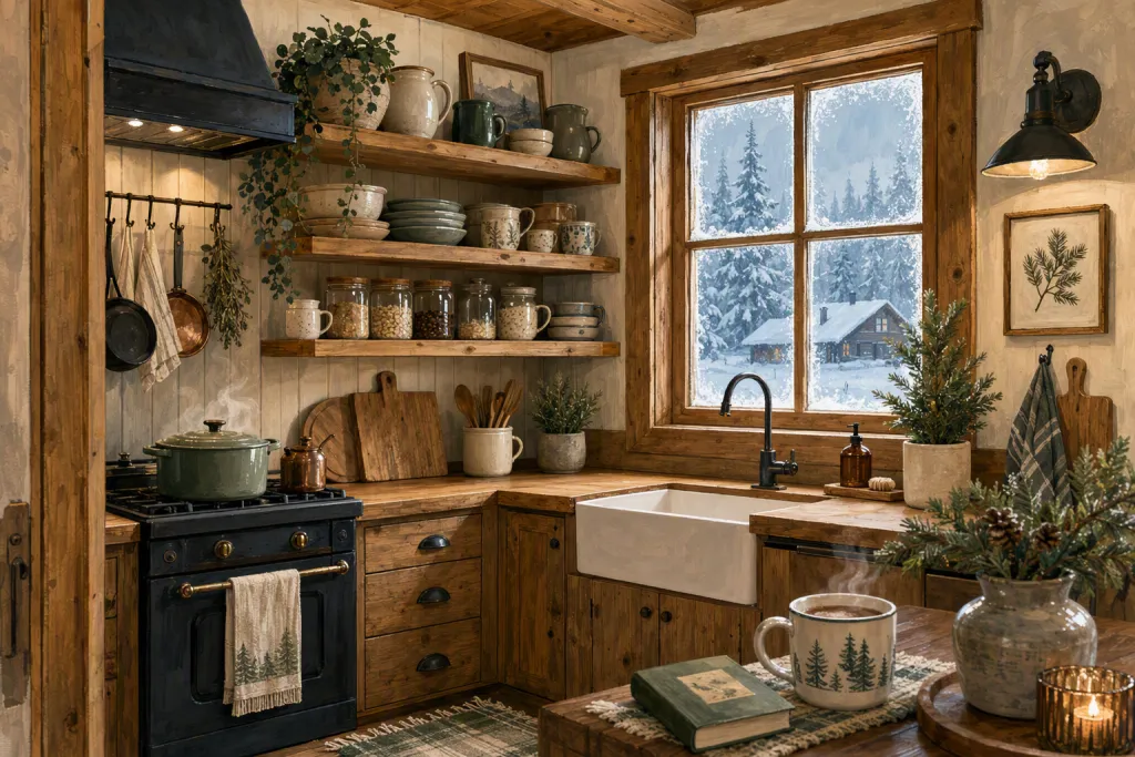 Nordic Cabin Kitchen Interior Illustration Cozy Gouache