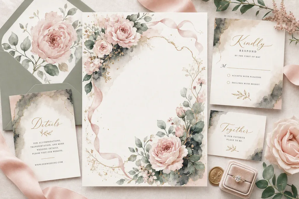 Moderne Hochzeits-Einladung Florales Briefpapier Tintenwasch-Bordüre