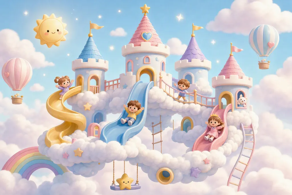 ฉากหนังสือนิทานภาพนุ่มแฟนตาซีสำหรับเด็ก Cloud Castle Playground