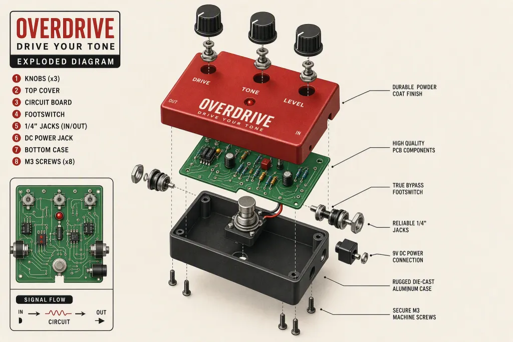 Explosionsgrafik für ein Musikprodukt mit E-Gitarren-Pedal