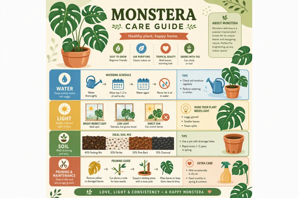 Guia de Cuidados de Monstera para Planta de Interior Infográfico Vetor Amigável e Ilustração