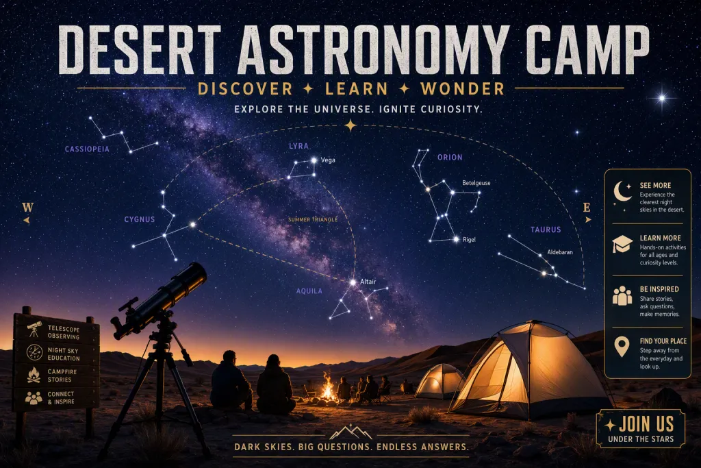 Póster Educativo del Campamento de Astronomía en el Desierto: Ilustración del Cielo Nocturno