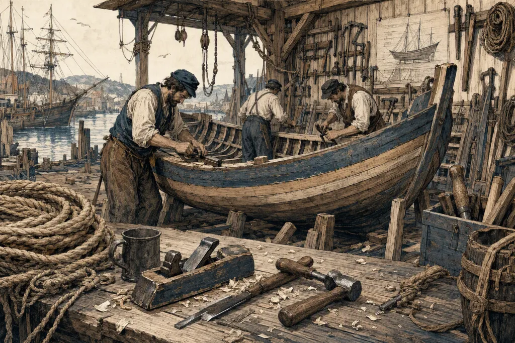 Disegno documentario a inchiostro con scena storica del cantiere navale del carpentiere di porto
