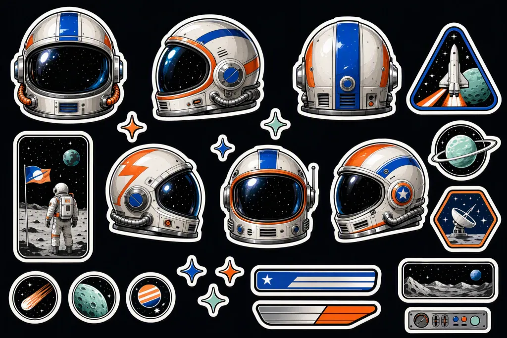 Hoja de calcomanías de casco espacial retro en vector limpio, pegatinas decorativas