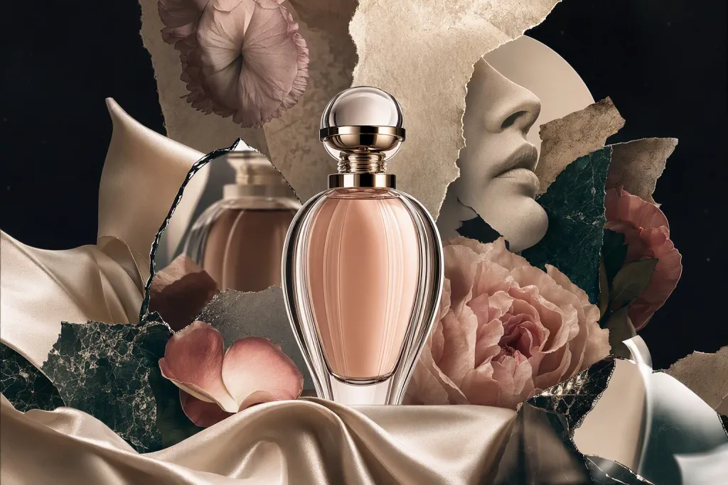 Ilustração de Colagem Surreal de Editorial de Moda de Frasco de Perfume de Luxo