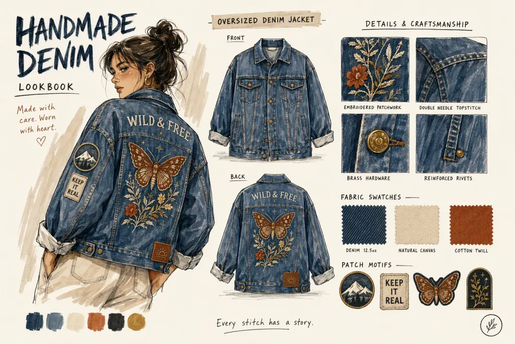 Lookbook de moda de chaqueta vaquera hecha a mano Marker Fashion, boceto de moda con marcador
