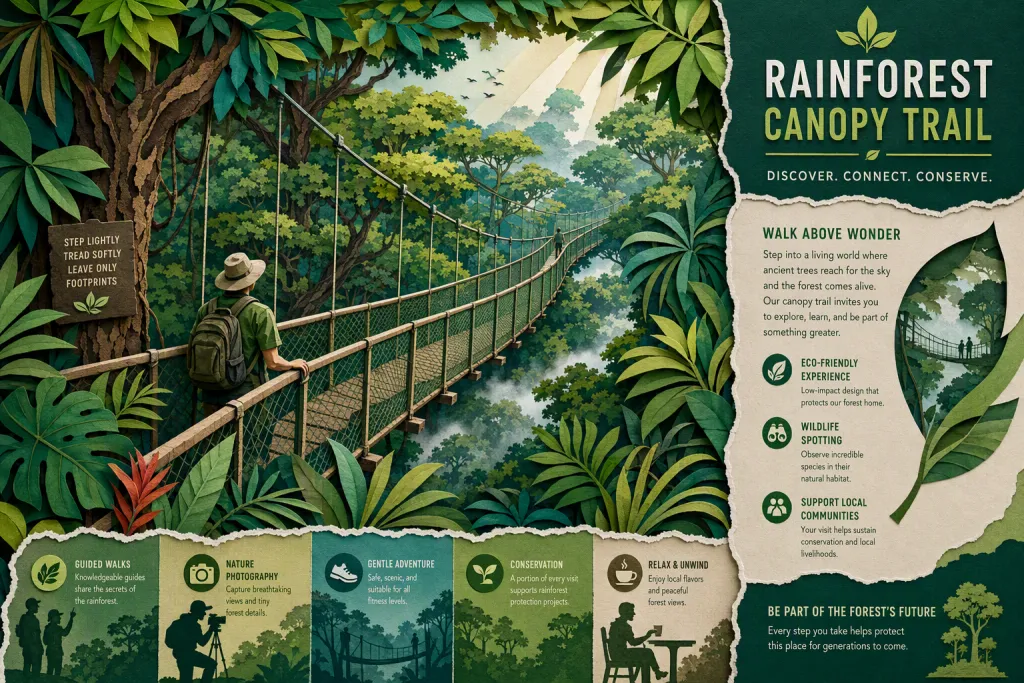 Sendero sobre la Canopia del Bosque Tropical Eco Turismo de Papel Cortado en Capas