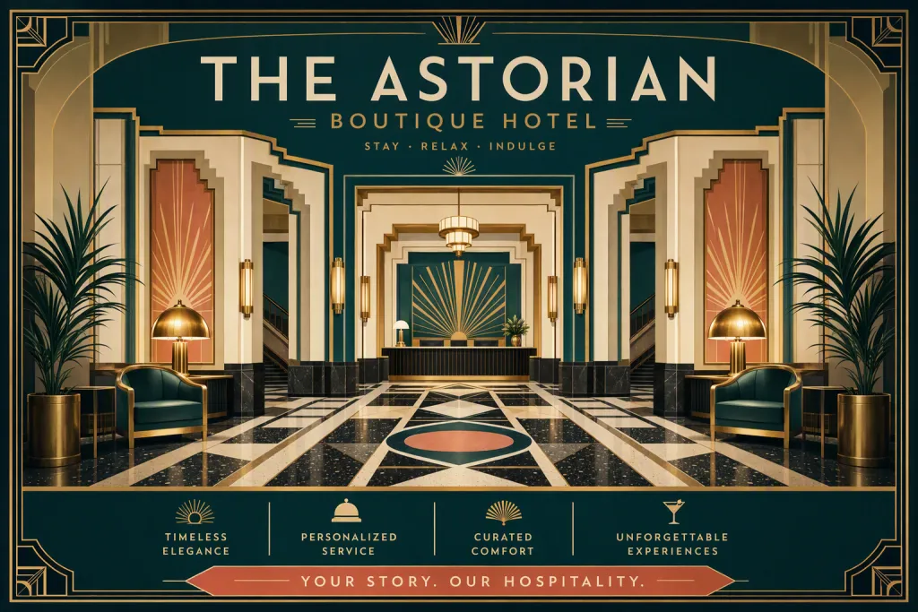 Affiche de promotion pour hôtel Art déco : lobby, hospitalité, illustration géométrique