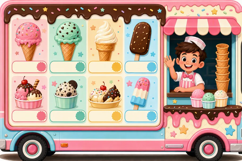 Menú del Camión de Helados Postre Branding de Caricatura Juguetona Pizarra