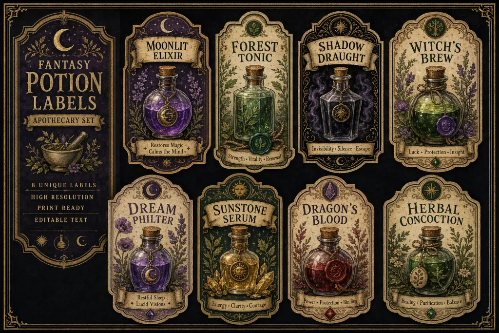 Conjunto de Rótulos de Poções Fantásticas para Embalagem Arte de Boticário Vintage