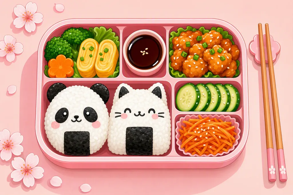 Japon Bento Kutusu Yemek Kitabı İllüstrasyonu Kawaii Vektör