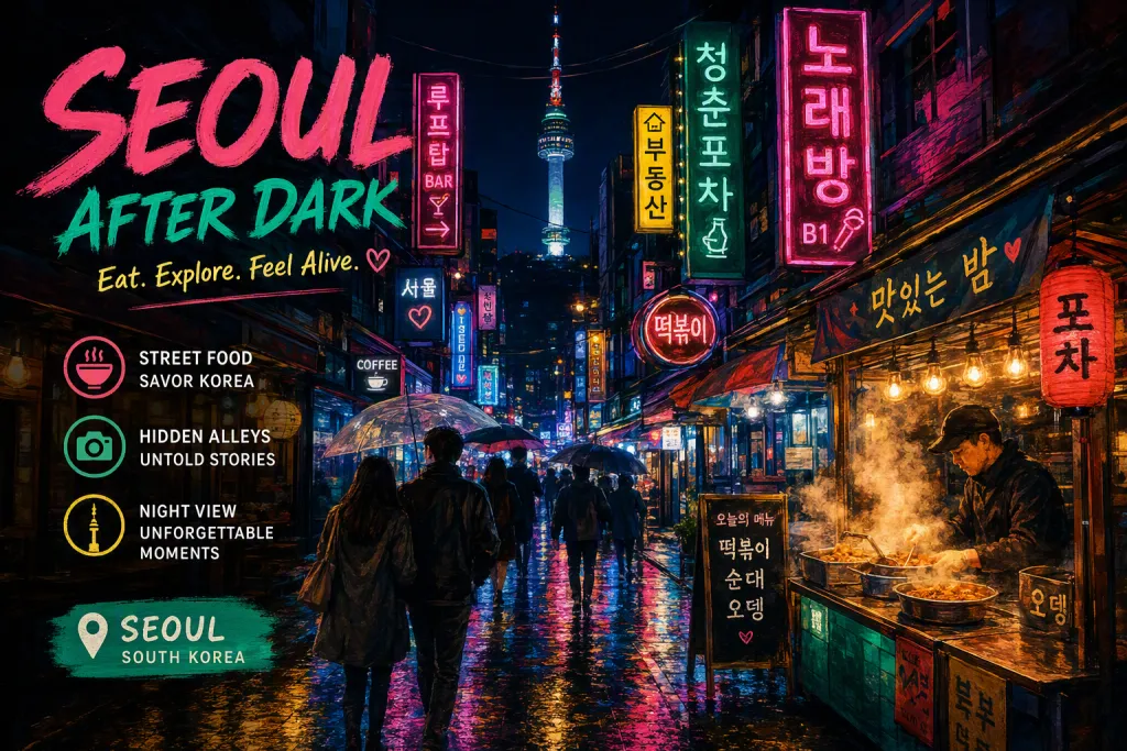 Pôster de Viagem Noturna na Rua Coreana Neon Gouache Scene