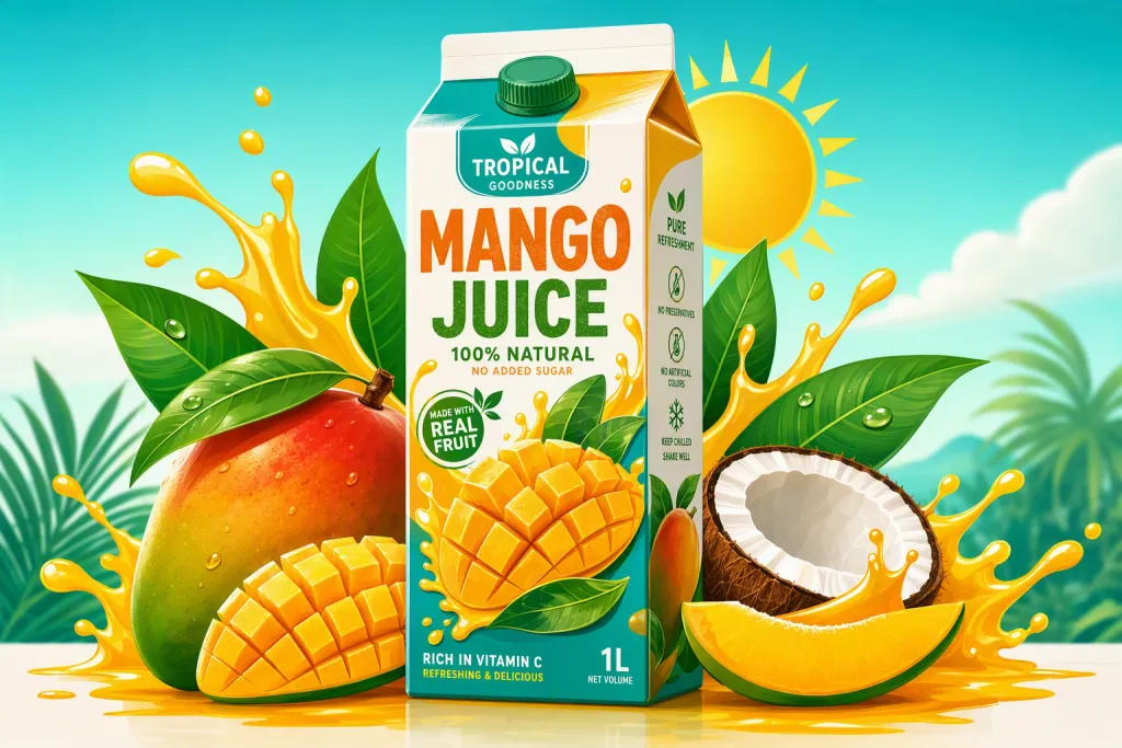 Design de Embalagem de Caixa de Suco Tropical Ilustração Vetorial em Estilo Ousado