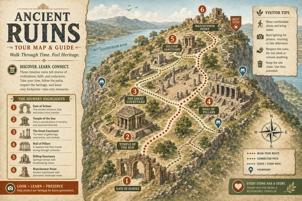 Mappa del Tour di Rovine Antiche Travel Guide Illustrata Mappa del Tour Illustrata