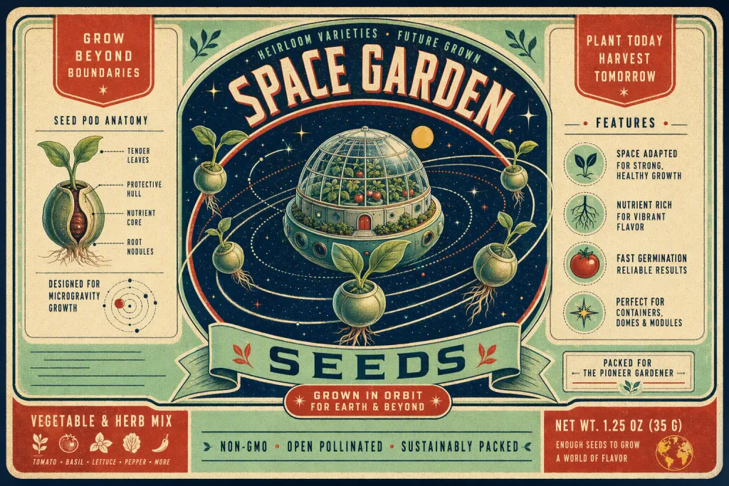 Space Garden Seeds Product Label Retro Futurist Illustration