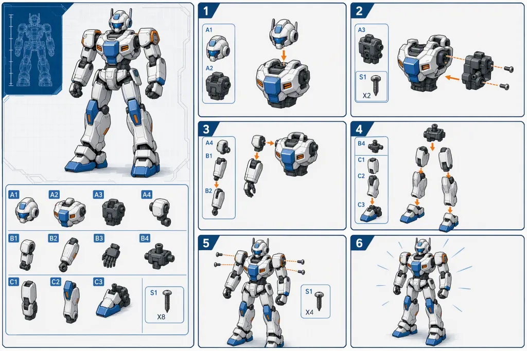 Tranh hướng dẫn lắp ráp robot kiểu comic kỹ thuật sạch đẹp