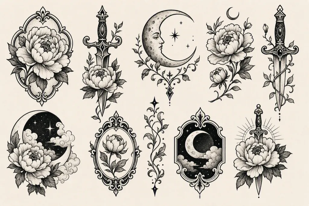 Çiçek Dövme Flash Vücut Sanatı Blackwork İllüstrasyonu