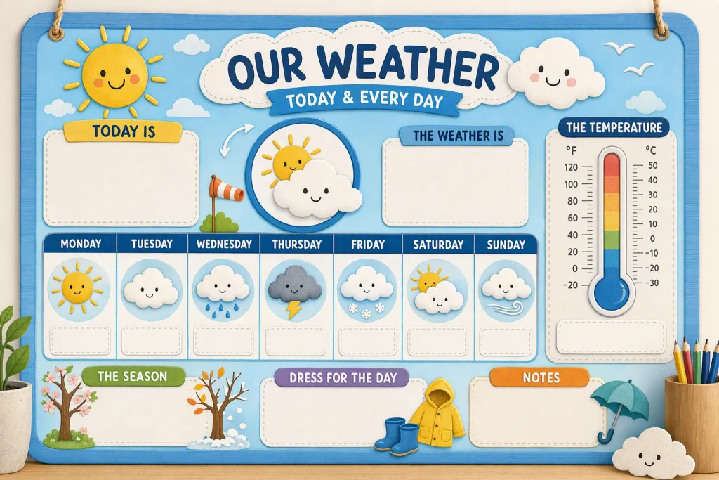 Gráfico de Clima Infantil para Sala de Aula com Ícone Amigável, Gráfico para Parede, Ícones em Grade Semanal