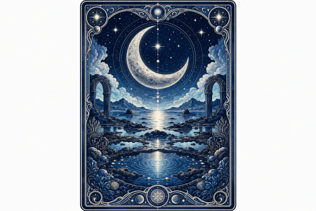 星界塔罗月亮卡插画蓝色墨水绘图