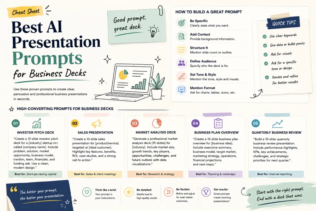 Melhores Prompts de Apresentação com IA para Decks de Negócios