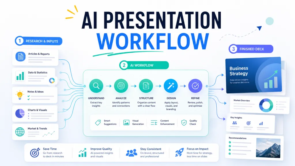 Fluxo de trabalho de apresentações com IA: Da pesquisa ao deck final