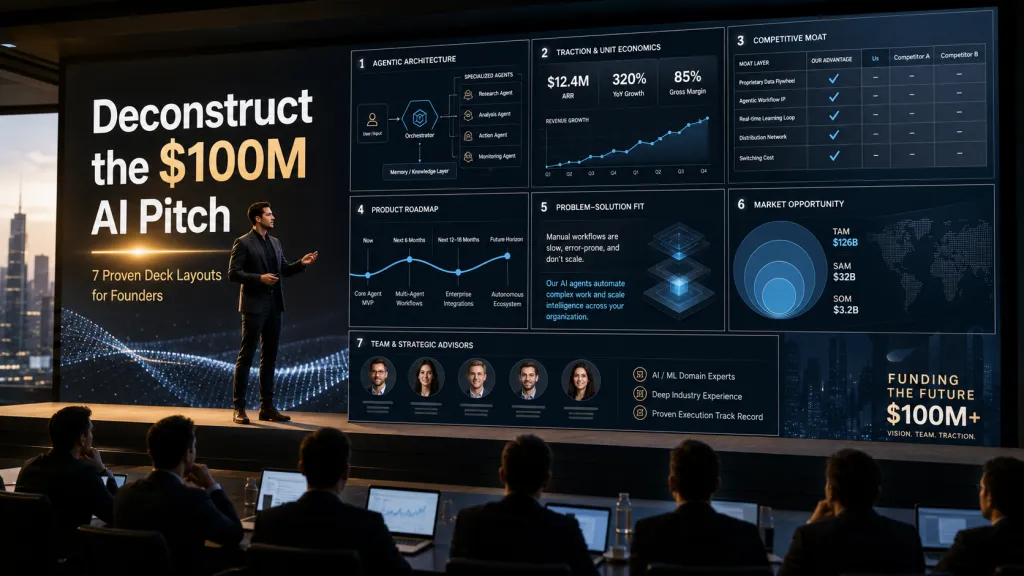 Smonta il pitch AI da 100M$: 7 layout di deck collaudati per founder